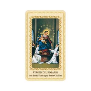 Estampa de la Virgen del Rosario plastificada con oracion