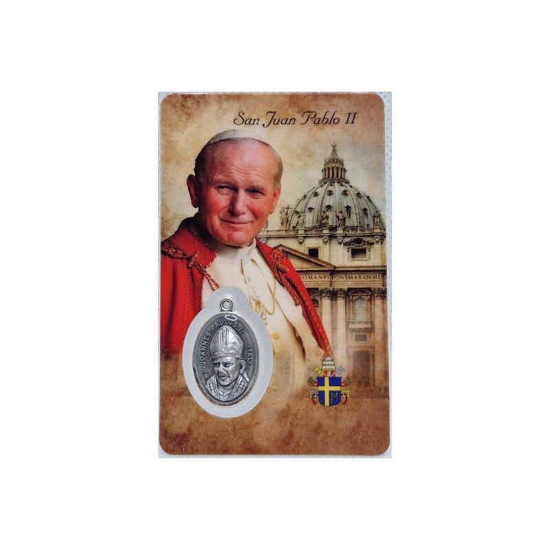 Estampa del Papa San Juan Pablo II con medalla y oracion