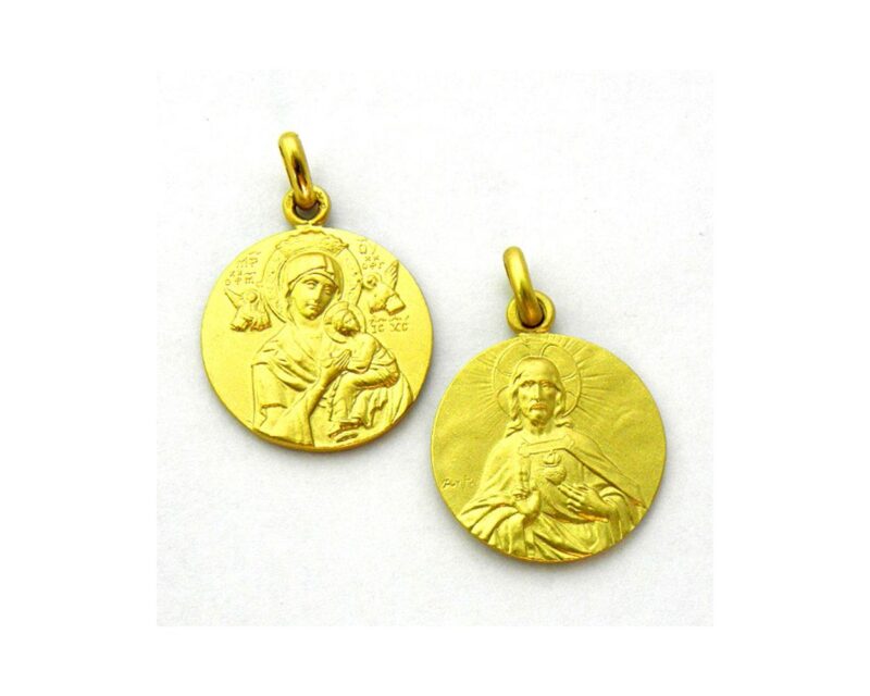 Medalla escapulario de la Virgen del Perpetuo Socorro y el Sagrado Corazon de Jesus en oro de 18 quilates, o plata de 925