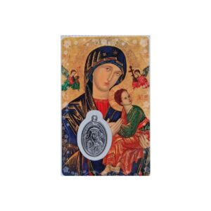 Estampa de la Virgen del Perpetuo Socorro con medalla y oracion