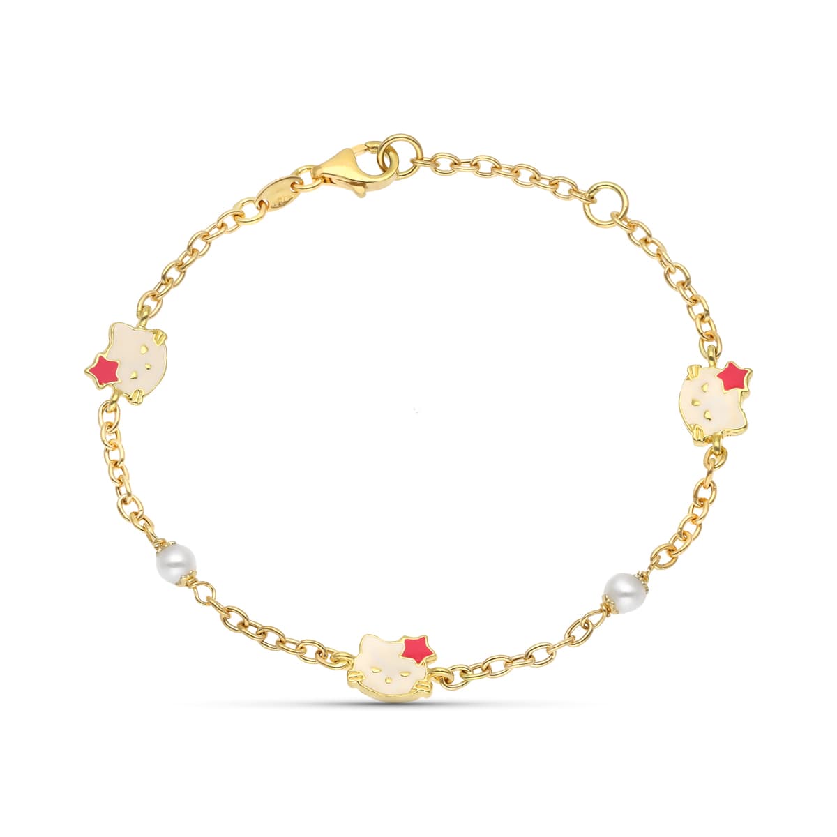 18K PULSERA ORO AMARILLO PERLA Y ESMALTE GATO 18 CM