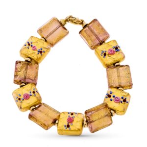 18K PULSERA ORO AMARILLO Y MURANO FLORES PORCELANA