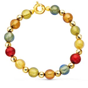 18K PULSERA ORO AMARILLO BOLAS CRISTAL MURANO 10 MM Y BOLAS LISAS 6 MM 21 CM