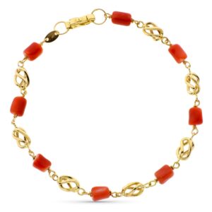 18K PULSERA ORO AMARILLO CON JAULAS Y CORAL FINO JAPONES 19 CM