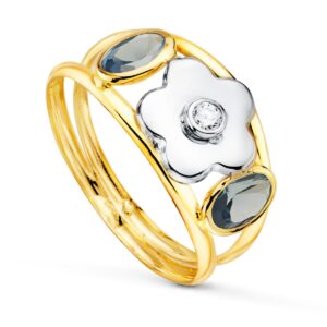18K SORTIJA ORO BICOLOR FLOR Y CIRCONITAS OVALES AGUAMARINA ANCHO CUERPO 9 MM