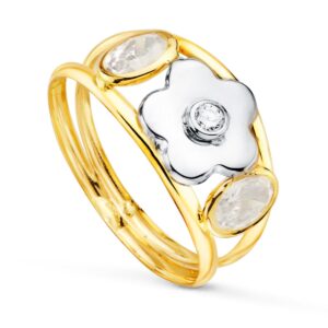 18K SORTIJA ORO BICOLOR FLOR Y CIRCONITAS OVALES. ANCHO CUERPO 9 MM