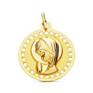 18K MEDALLA VIRGEN NIÑA REDONDA CALADA 18 MM