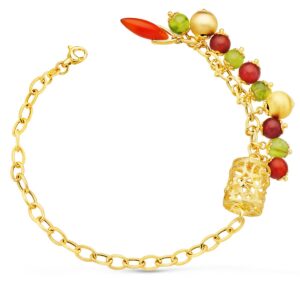 18K PULSERA ORO AMARILLO ESLABONES CON JAULA Y PIEDRAS LARGO 19.5 CM