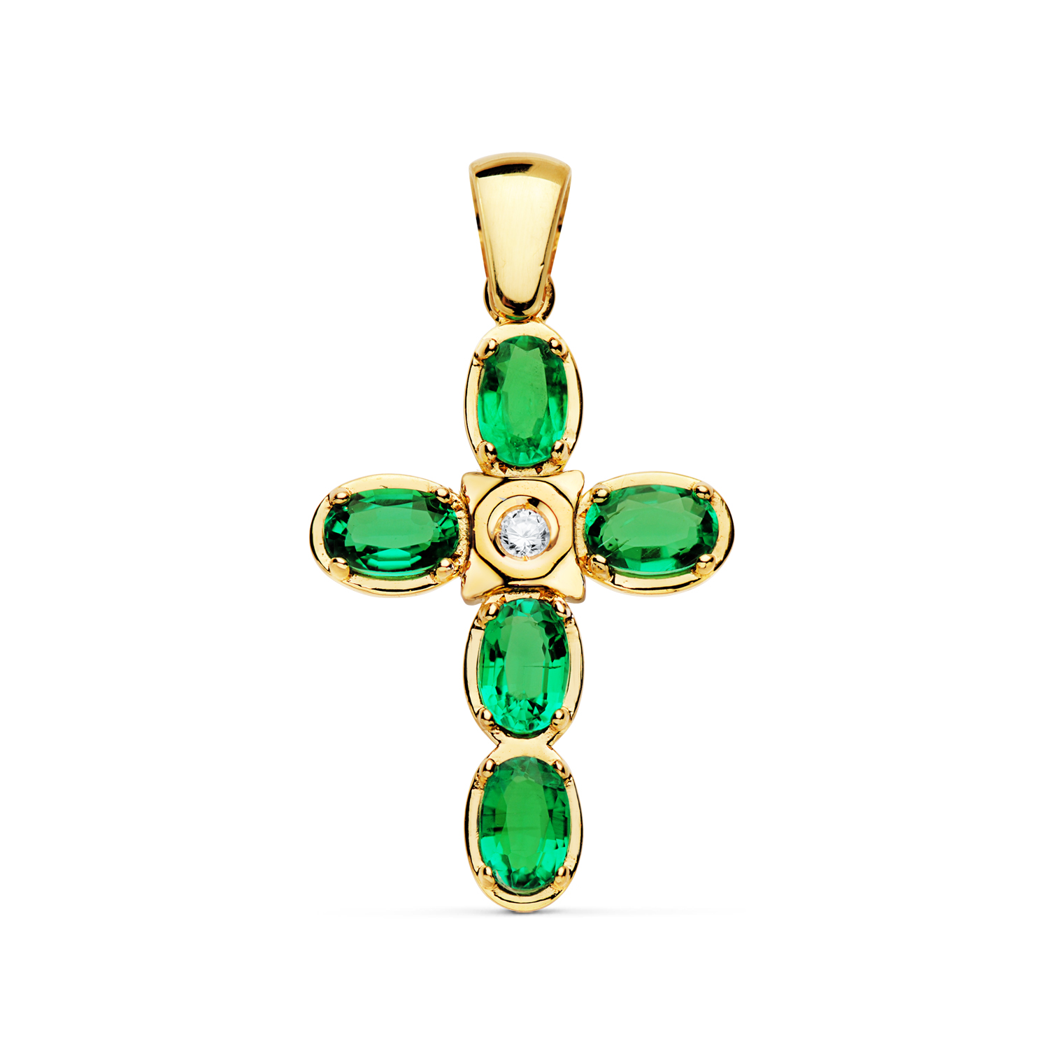 18K CRUZ ORO AMARILLO DIAMANTE 1.95 QTS. ESMERALDAS 0.49 QTS MEDIDAS 28X19 MM