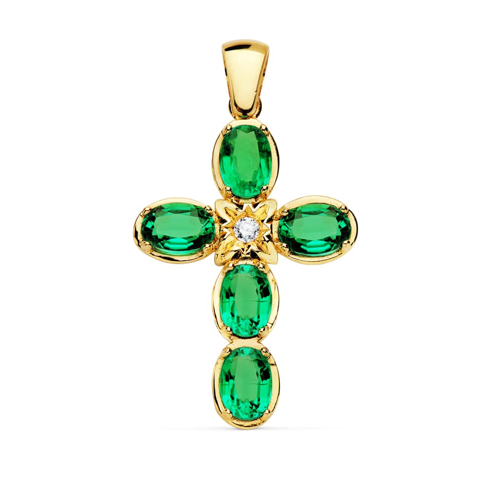 18K CRUZ ORO AMARILLO BRILLANTE 0.065 QTS. 30X21 MM ESMERALDAS 3.75 QTS – Brillantes