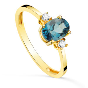 18K SORTIJA ORO AMARILLO PIEDRA AZUL BLUE LONDON 7 X 5MM Y CIRCONITAS LATERALES