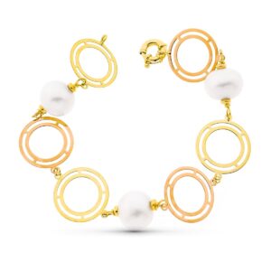 18K PULSERA ORO 21 CM BICOLOR ORO AMARILLO Y ROSA Y PERLA CULTIVADAS 15 MM