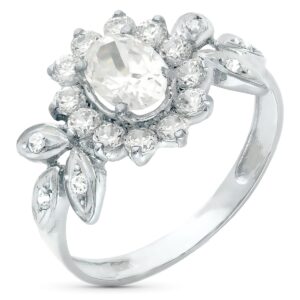 18K SORTIJA ORO BLANCO JUEGO NOVIA CENTRO 8X6 CIRCONITA Y HOJAS CIRCONITAS