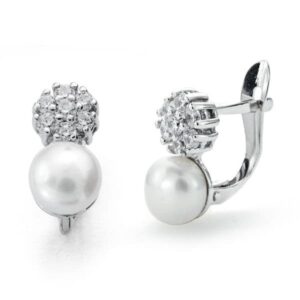 18K PENDIENTES ORO BLANCO PERLA-CIRCONITAS 12X6 MM