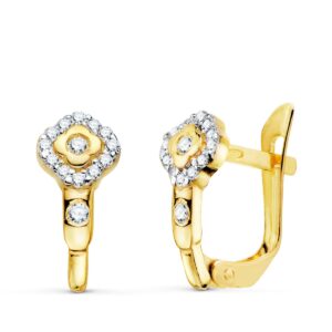 18K PENDIENTES ORO BICOLOR ROMBO CON CIRCONITAS 13X6 MM CIERRE CATALAN