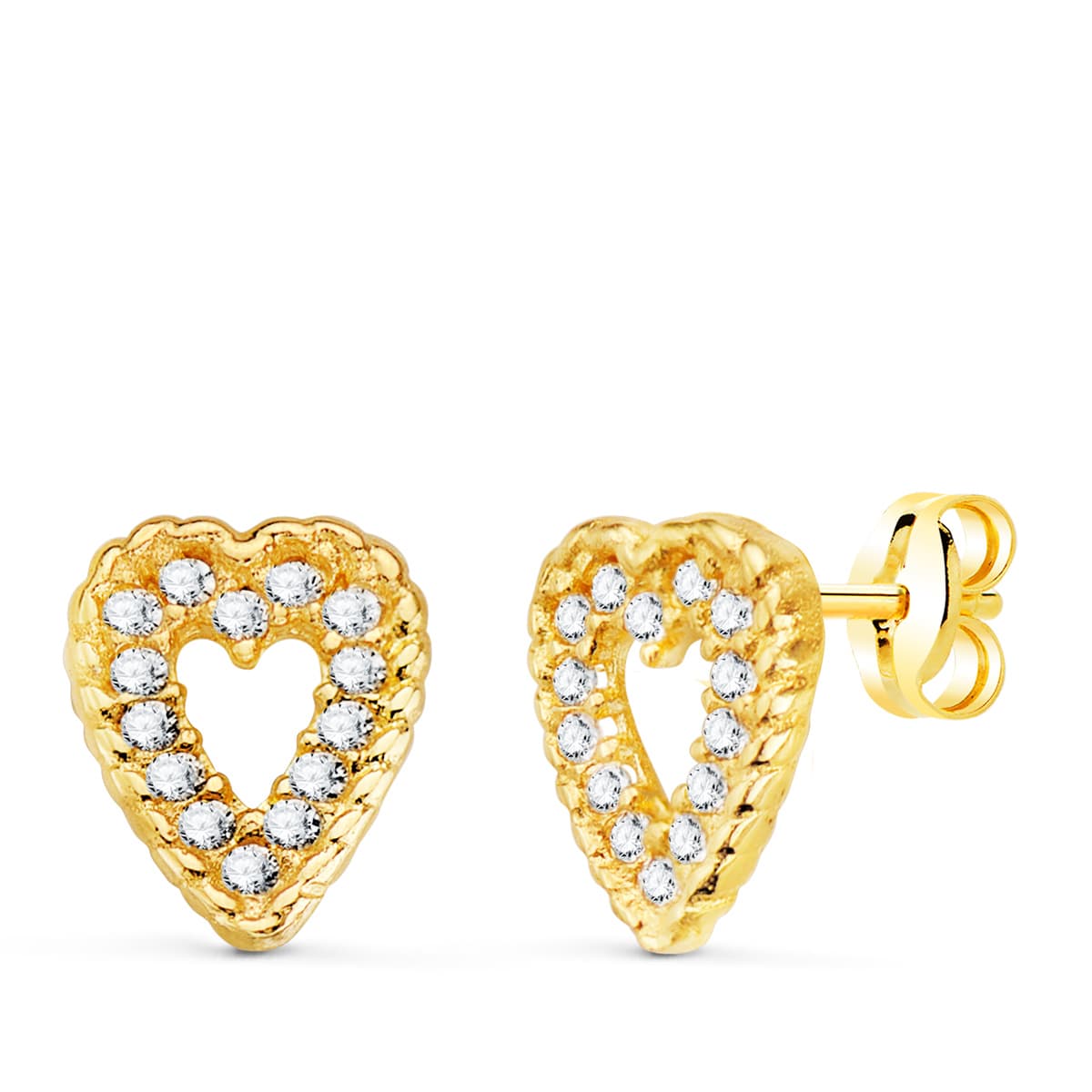 18K PENDIENTES ORO AMARILLO CORAZON 9X7 MM 28 CIRCONITAS PRESION