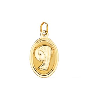 18K MEDALLA ORO AMARILLO OVAL VIRGEN NIÑA CON BORDE BISELADO. 19X12 MM