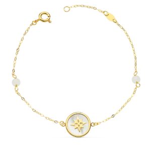 PULSERA NACAR Y ROSA DE LOS VIENTOS 12 MM Y BOLAS JADE 4 MM CADENA 18 + 2.5 CM