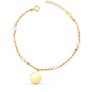 18K PULSERA ORO AMARILLO CON PERLAS 3.5MM Y CHAPA REDONDA 10MM. LARGO: 15+2CM