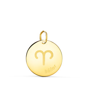 18K COLGANTE ORO AMARILLO HOROSCOPO ARIES EN FRANCES BRILLO 16 MM