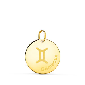 18K COLGANTE ORO AMARILLO HOROSCOPO GEMINIS EN FRANCES BRILLO 16 MM