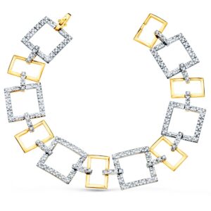18K PULSERA ORO BICOLOR ESLABONES CUADRADOS Y MOTIVOS CON CIRCONITAS 20 CM