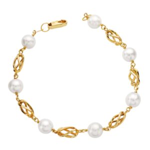 18K PULSERA ORO AMARILLO PERLA REDONDAS DE 8 MM Y JAULAS DE ORO 19 CM