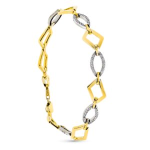 9K PULSERA ORO BICOLOR ROMBOS CON CIRCONITAS 19 CM