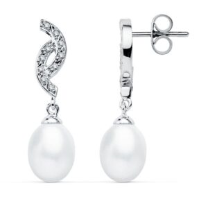 9K PENDIENTES ORO BLANCO PERLA 30X9 MM