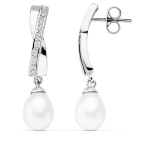 9K PENDIENTES ORO BLANCO PERLA 32X7 MM