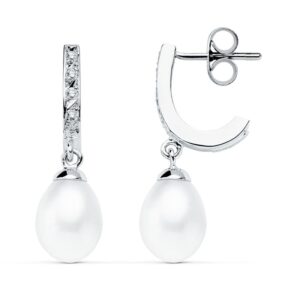 9K PENDIENTES ORO BLANCO PERLA 25X7 MM