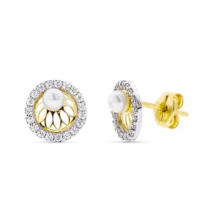 9K PENDIENTES ORO BICOLOR REDONDOS CON PERLA 3MM Y CIRCONITAS 8 MM PRESION
