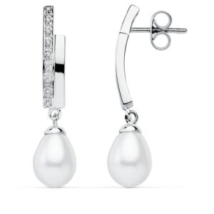 9K PENDIENTES ORO BLANCO PERLA 32X8 MM