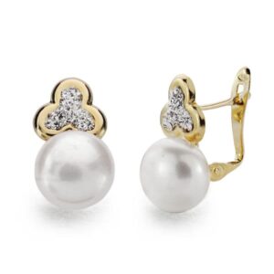 9K PENDIENTES TREBOL Y PERLA 16X9 MM