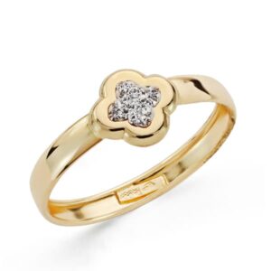 9K SORTIJA ORO AMARILLO BANDA CON MOTIVO TREBOL Y CIRCONITAS