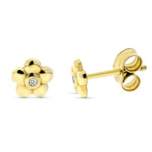 9K PENDIENTE ORO AMARILLO FLOR DIAMANTES 0.016 CTS SI-H 7 MM PRESION