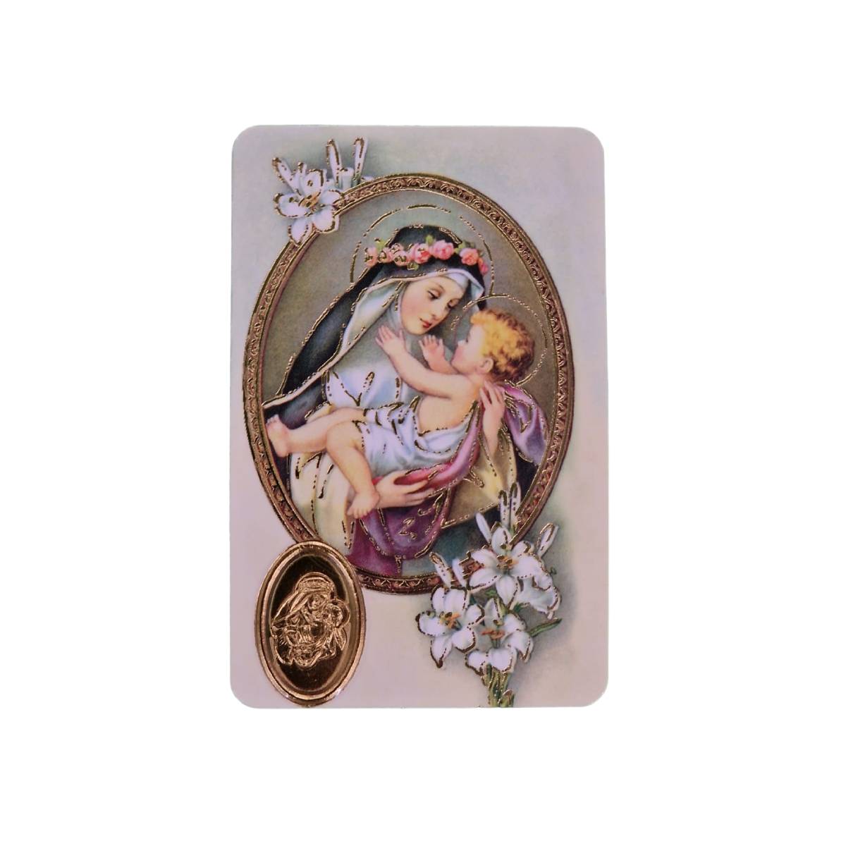 Estampa de Santa Rosa de Lima con medalla dorada y oracion