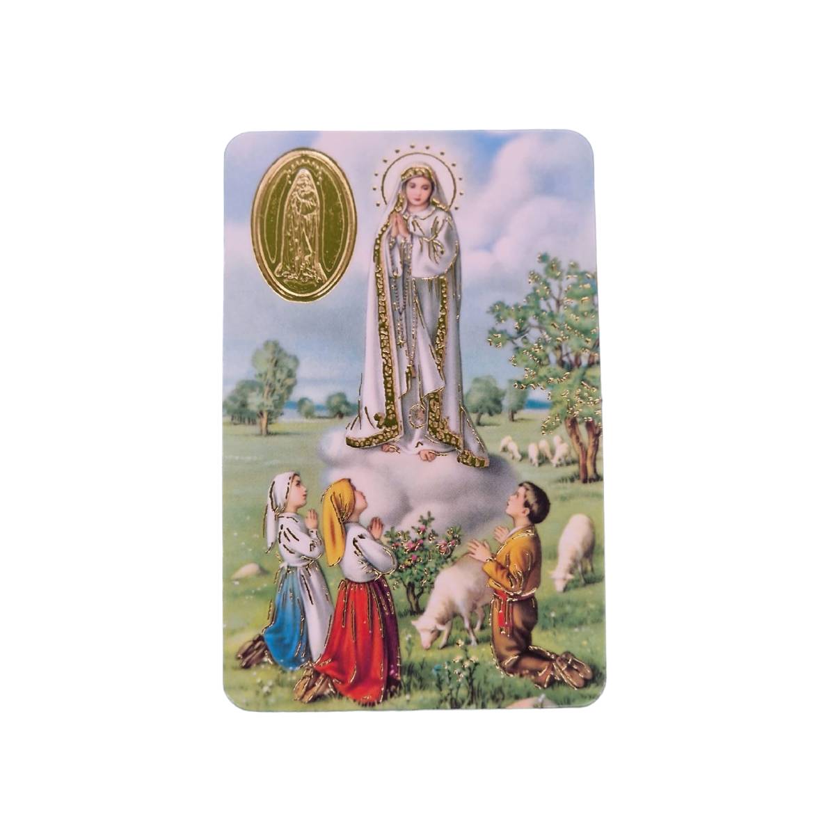 Estampa de la Virgen de Fatima con medalla dorada y oracion