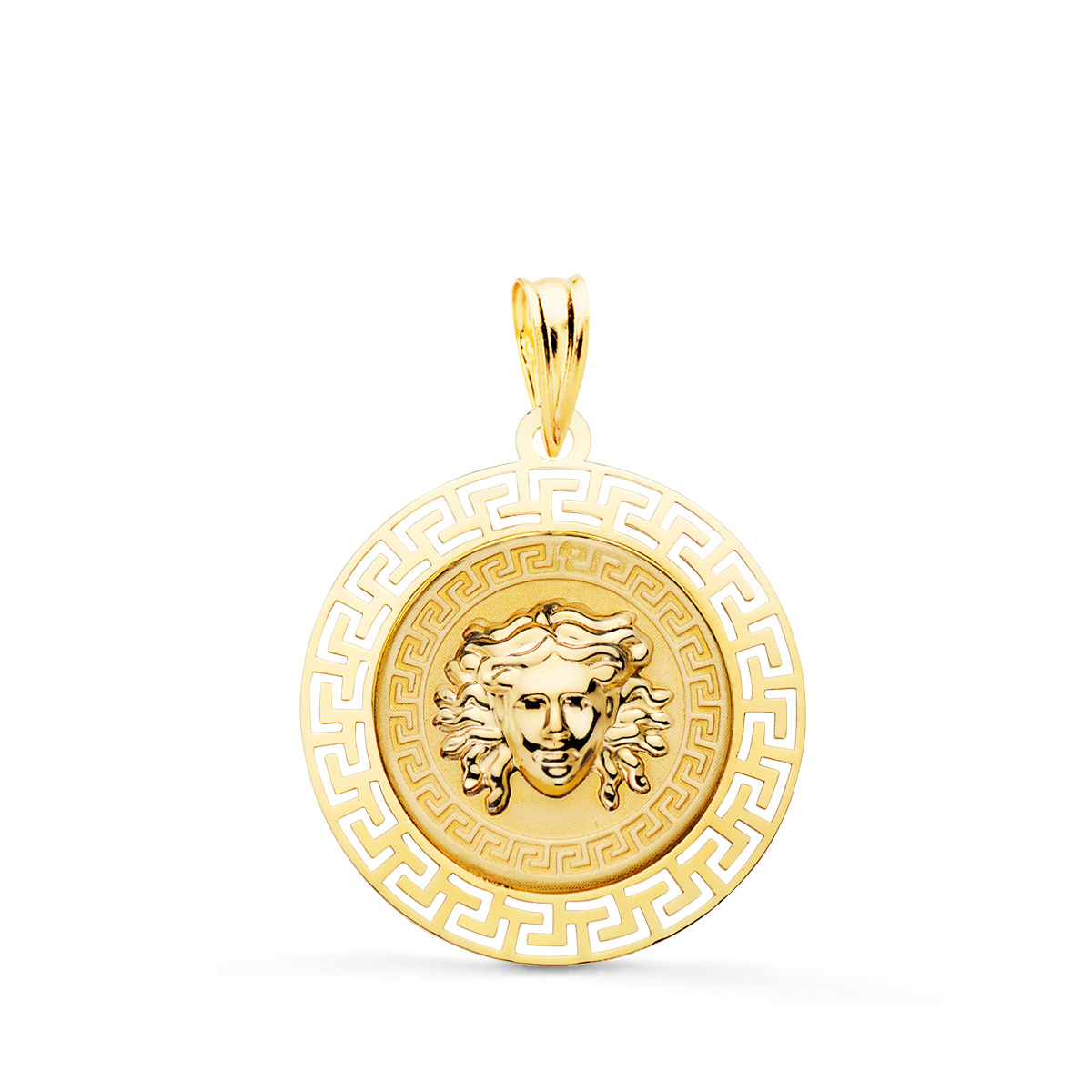 18K MEDALLA ORO AMARILLO MEDUSA CON BORDE CALADA Y GRECA MATIZADA 20 MM