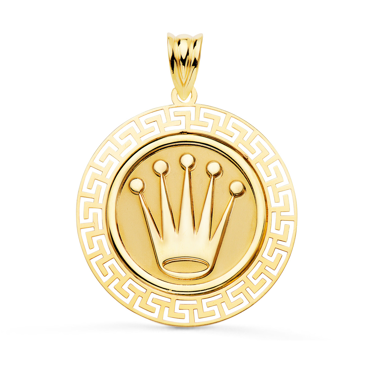18K MEDALLA ORO AMARILLO CORONA CON BORDE DE GRECA CALADA. 27 MM