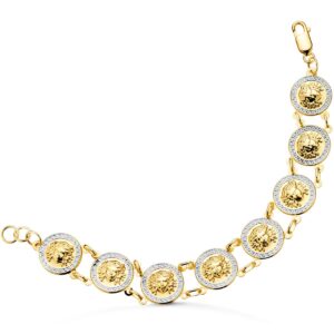 18K PULSERA ORO BICOLOR CON MEDUSAS REDONDAS EN BRILLO 15 MM LARGO 19 CM