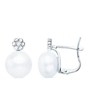 18K PENDIENTES ORO BLANCO DIAMANTES 0.06 QTS G-VS2. PERLA 9 MM 13X9 MM