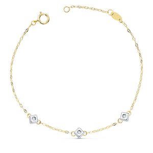 18K PULSERA ORO BICOLOR CHATON DE 3 ROMBOS CON DIAMANTES SI-H 0.045 QTS. 17 CM
