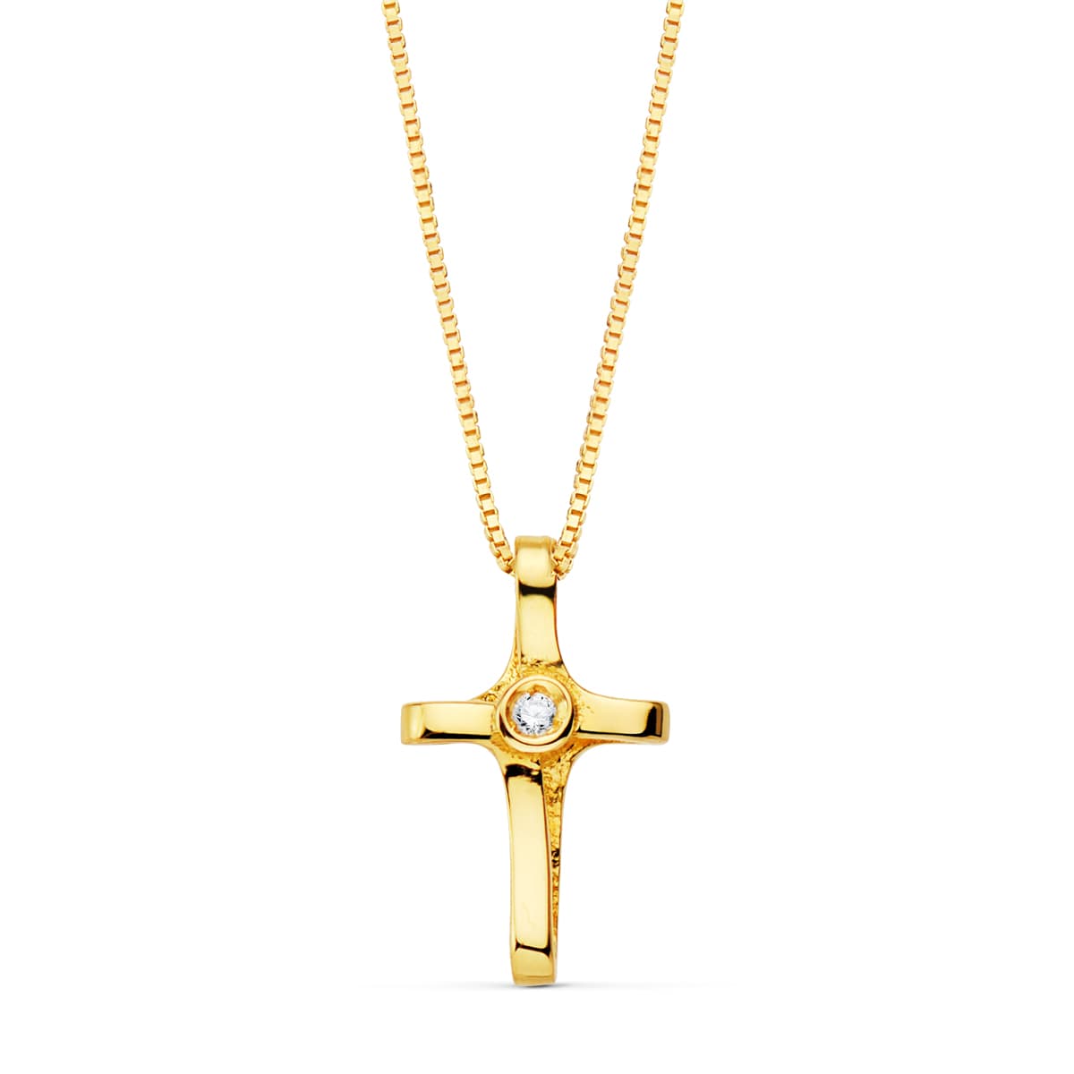 18K GARGANTILLA CRUZ 12X7 MM 1 DIAMANTE 0.010 QT.CADENA VENECIANA 45CM G-VS2