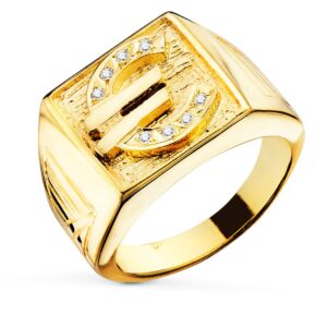18K SELLO ORO AMARILLO CABALLERO EURO CON PIEDRAS 16X16 MM