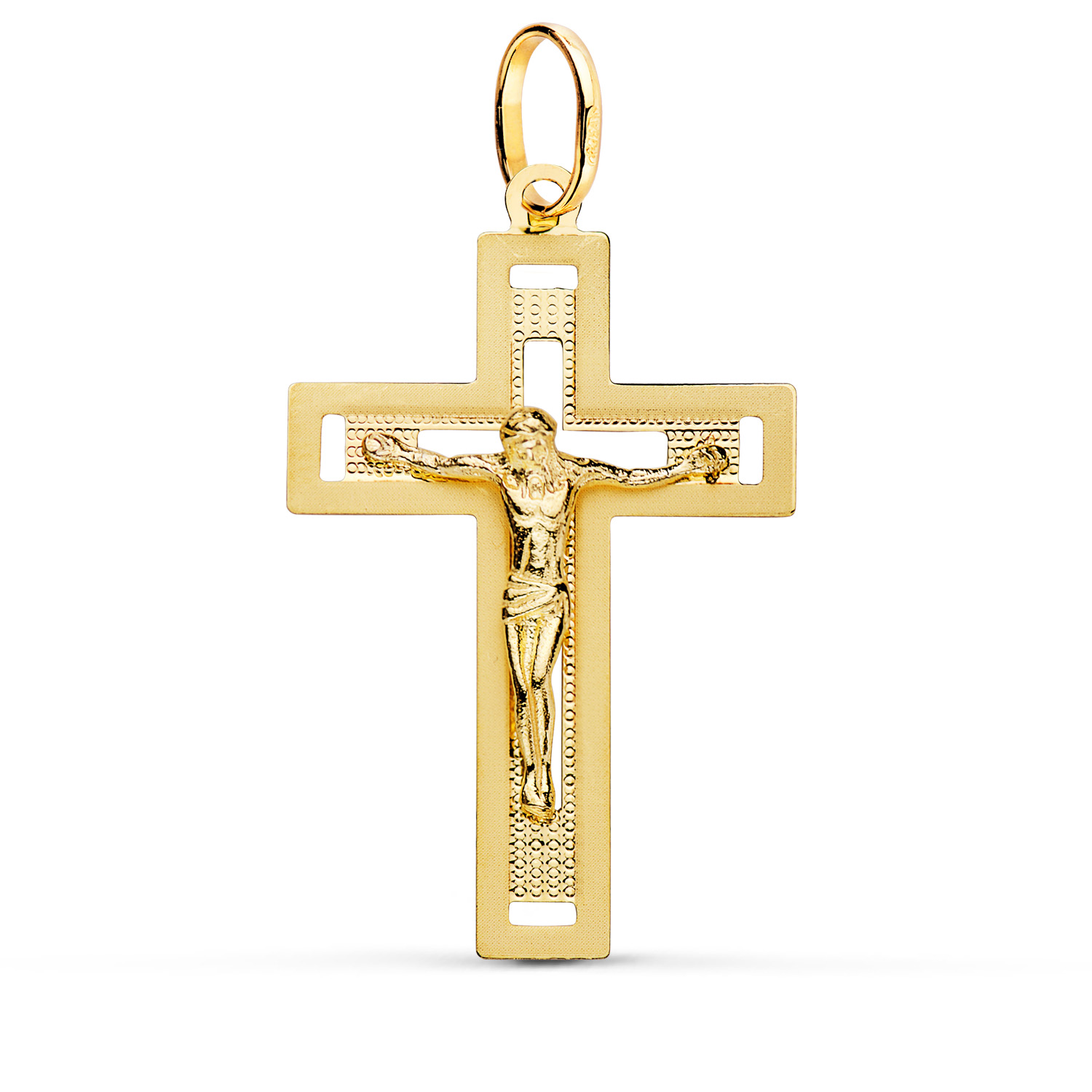 18K CRUZ ORO AMARILLO CON CRISTO TALLADA 35X22 MM – Cruces