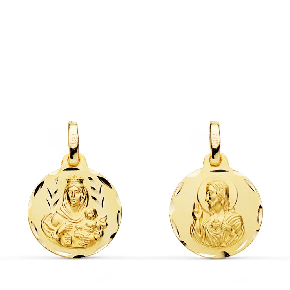 18K ESCAPULARIO TALLADO VIRGEN DEL CARMEN CORAZON DE JESUS 14 MM – Medallas escapularios