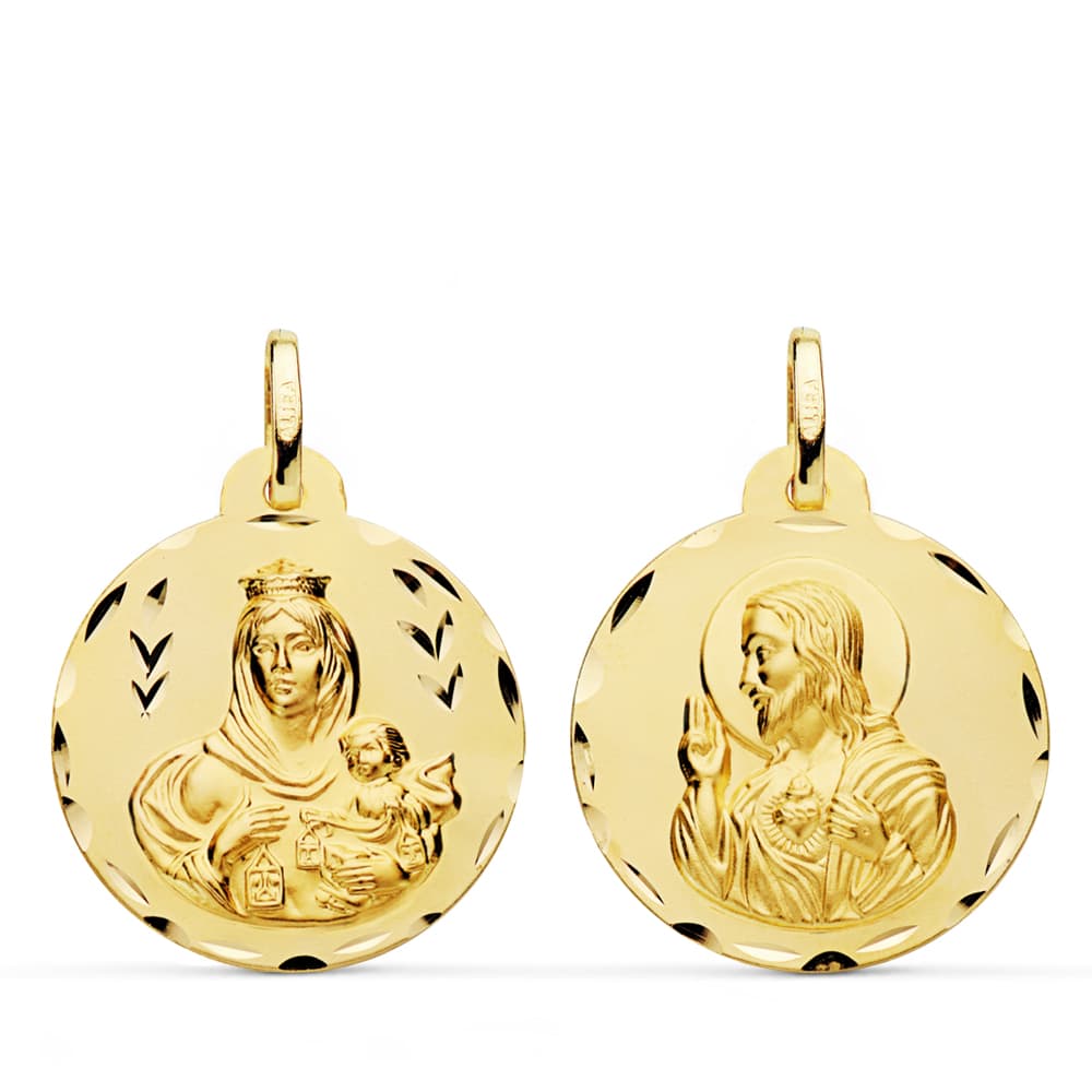 9K ESCAPULARIO TALLADO VIRGEN DEL CARMEN Y CORAZON DE JESUS 22 MM – 9 KTES oro ley