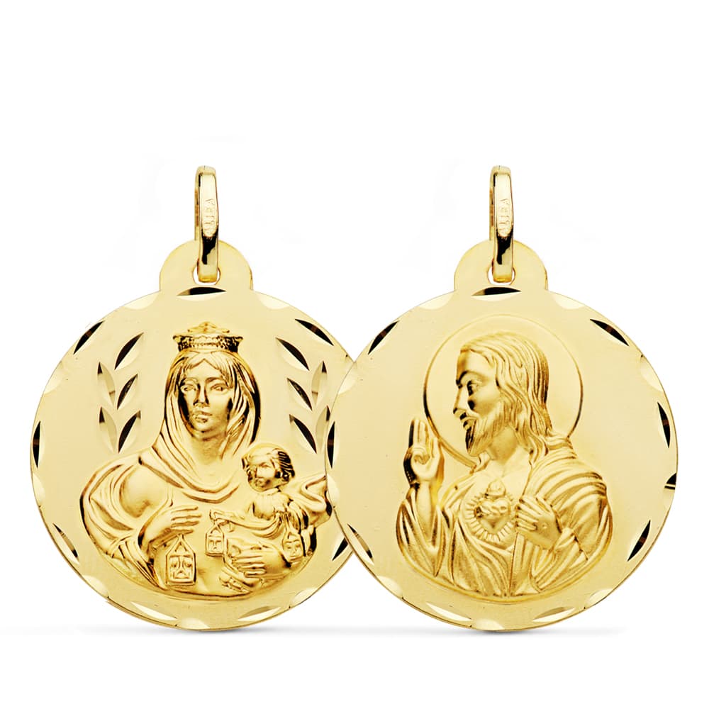 18K ESCAPULARIO TALLADO VIRGEN DEL CARMEN Y CORAZON DE JESUS 26 MM – Medallas escapularios