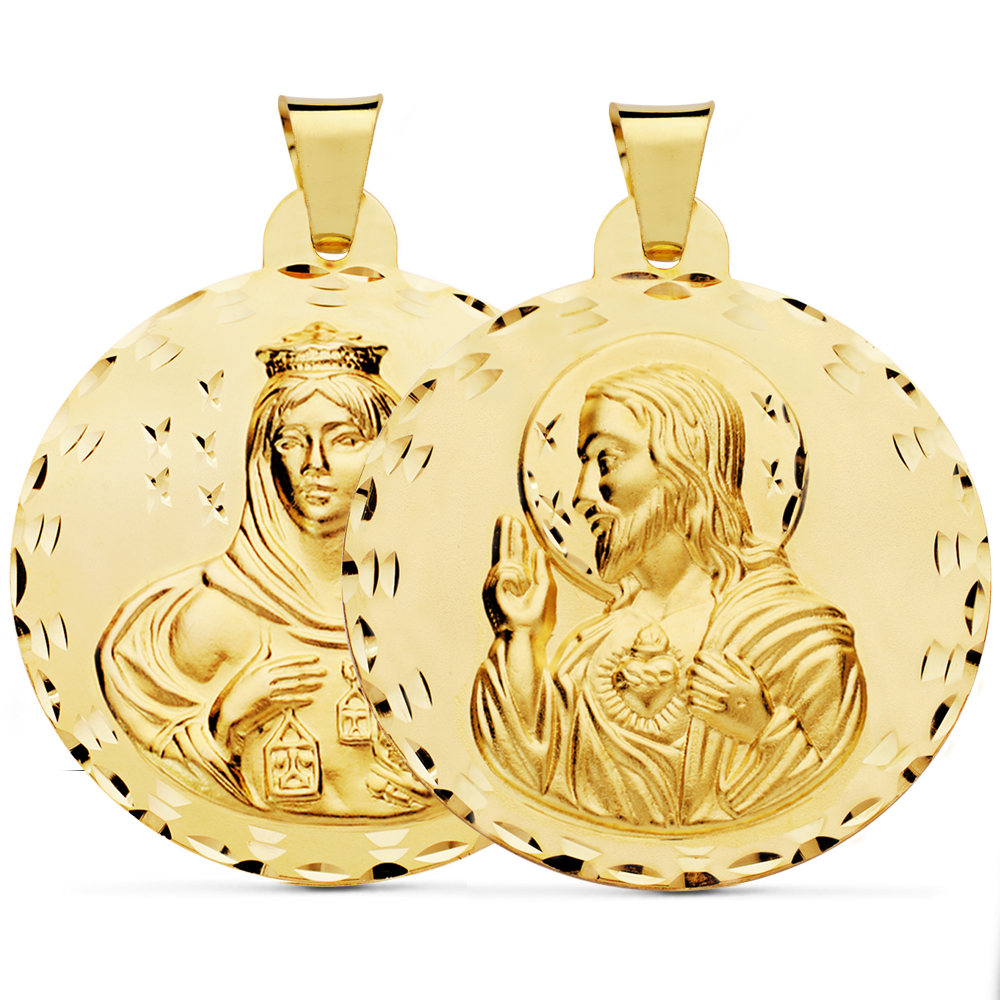 18K ESCAPULARIO TALLADO VIRGEN DEL CARMEN Y CORAZON DE JESUS 42 MM – Medallas escapularios